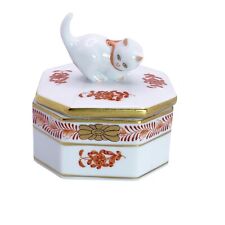 Herend Hungary White Cat Kitten Porcelain Trinket Box Hand Painted Gold Orange picture