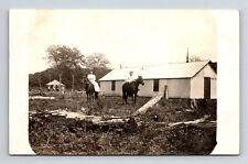 RPPC Handsome Man & Woman Riding Horses Side Saddle at Farm Buildings Postcard picture