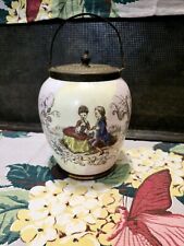 Antique Biscuit Jar Victorian Vintage Courting Couple Hand Painted Brass  picture