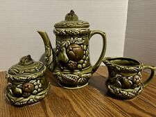 Tilso Teapot, Sugar Bowl & Creamer Green Fruit Ceramic Japan Vintage MCM picture