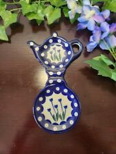 Bolwslawiec Pottery Spoon Rest Cup Tea Bag Holder Tulips Blue Cream picture