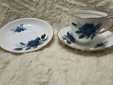 Vintage Duchess Cup & 2 Saucers Blue Rose Bone China Gold Trim picture
