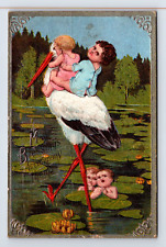 c1913 DB Postcard Blessings Babies Riding in On Stork Birth Theme picture