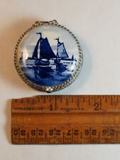 Vintage Trinket Pill Box Delft Blue Ships Silver Tone Hinged READ picture