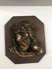 3D Bronze Metal Jesus Christ Head Crown of Thorns Crucified Wood Wall Plaque picture