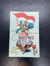 Signed Artist Postcard Holland Woman With Flag Flowers Embossed 1950 Rare Stamp picture