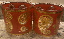 Vintage MCM Culver Red Paisley Low Ball Old Fashioned Rocks Glass Set of 2 picture