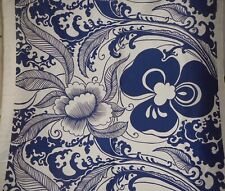 Vintage Retro 60's  Bold Huge Mod Floral Interiors Fabric ~ Navy Blue White picture