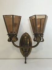 Vintage Double Light Brass Wall Sconce w/Hexagonal Amber Glass Shade picture