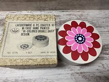 Vintage Lacquerware Round Coaster Set of 6 in Box Mid Mod Floral Double Daisy picture