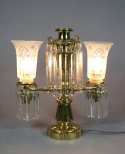 Antique Victorian Double Argand or Astral Table Lamp w Engraved Shades & Prisms picture