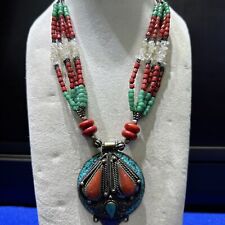 Vintage Antique Tibetan Nepali Silver Plated Necklace with Crystal Stone Beads picture