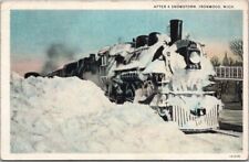 Vintage 1936 IRONWOOD, Michigan Postcard Train in Snow 