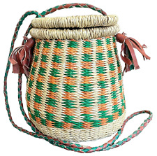 Handmade Woven Basket With Lid Purse Multicolor Leather Strap Natural Bohemian picture