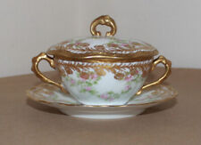 Antique LS&S Limoges Bouillon Cup, Saucer with Lid Floral Gold Trimmed 1892-1925 picture