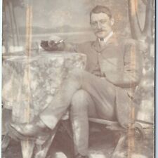 c1910s Relaxing Handsome Gentleman RPPC Smoke Tobacco Pipe Real Photo Smile A159 picture