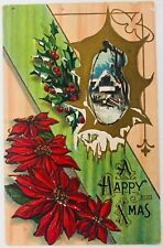 Vtg A Happy Xmas Postcard Embossed Glitter Winter Scene Poinsettia Holly 1914 picture