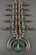 Vintage Navajo Sterling Silver Turquoise & Coral Squash Blossom Necklace NICE picture