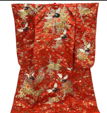 Iro-uchikake Kimono Pure Silk Red Gold Tsuru Crane Japanese Traditional Bridal picture