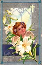 c.1910 Easter Joys Be Thine Postcard Girl Angel Child White Lillies Cross Silver picture