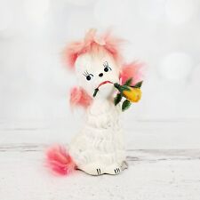 Vintage Enesco Pink Fur Ceramic Poodle Dog Figurine with Flower in Mouth AS-IS picture