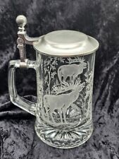 Vintage ALWE Lidded BEER STEIN Etched Glass Buck Elk Stag Mug West Germany picture