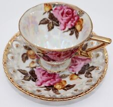 Royal Sealy China Lusterware Reticulated Gilded Teacup/Saucer Pink/Yellow Roses picture