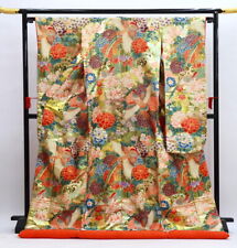 Uchikake Kimono  Pure Silk, , Gold, Celadon, Flower-Filled, Phoenix, Condition R picture