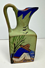 Vintage Mexican Pottery Hand Painted Small Vase Jug Handle Southwestern Decor picture