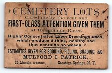 c1890 CEMETARY LOTS SARATOGA SPRINGS NY MULFORD I PATRICK AD TRADE CARD P827 picture
