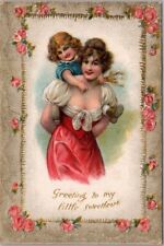 c1900s Embossed Greetings Postcard Mother & Daughter 