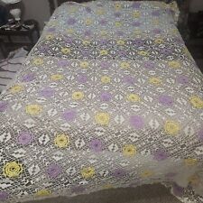 VTG Crocheted Doily Afghan Style Bed Spread Cover Purple Yellow White Roses picture