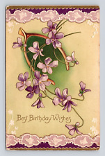 Antique Postcard Best Birthday Wishes Embossed Purple Flowers Stow MA 1909 picture