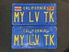 CALIFORNIA PAIR OF LICENSE PLATES BLUE MY LV TK NOVEMBER 86 VANITY PERSONALIZED picture