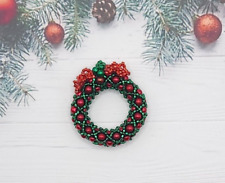 Mini Wreath 3D Christmas Ornament Handmade Beaded Red and Green picture