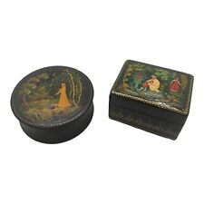 LOT OF 2 VINTAGE RUSSIAN BLACK LACQUER  TRINKET BOX HAND PAINTED picture