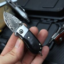 Mini Drop Point Knife Folding Pocket Hunting Survival Damascus Steel Horn Handle picture