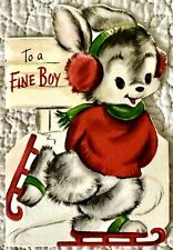 Vintage Christmas Rabbit Bunny Ice Skate Muff  Greeting Card 1950s 1955 READ picture