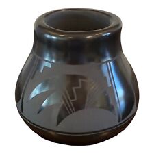 Signed Adakai Navajo Black on Black Glazed Handcrafted Pottery  4” Bowl Vase picture