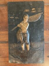 Vintage African Copper Plaque Fisherman With Catch Signed picture