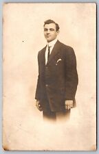 RPPC Handsome Man in Suit AZO Stamp Box 1904 - 1918 Studio Photo Postcard D27 picture