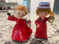 Vintage Red Kitschy Christmas Red Dress Holding Lantern Figurines Japan picture
