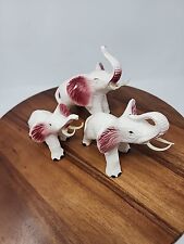 Set Of 3 MCM Vintage Graduated Size Ceramic Elephants White Pink Made in Japan picture