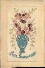 Bon Souvenir Embroidered Vase of Flowers c1910 Vintage Postcard picture
