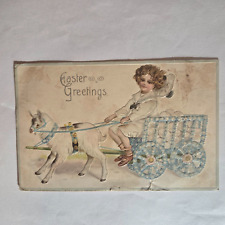 Easter Greetings Child in a Goat Cart Embossed Postcard 1909 Monroe MI picture