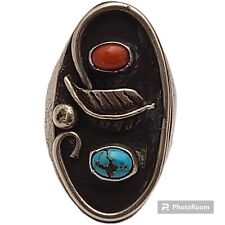 Early Native American 1920'S NAVAJO CORALTURQUOISE INGOT SILVER RING SIZE 8.75 picture