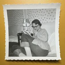 Dorm room beauty ~ 1953 VINTAGE PHOTO Woman reading Glasses ~ ORIGINAL SNAPSHOT picture