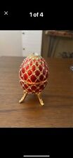 Jeweled Lacquered Gold Footed Egg Red  Gold Rhinestones Music Box 4.5” h picture