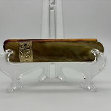 Vintage Fold Away Travel Comb Brass Etched Jeweled Mother Of Pearl Celluloid 4” picture