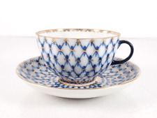 Lomonosov Porcelain Russian Tea Cup & Saucer Cobalt Blue Net Gold Trim USSR picture